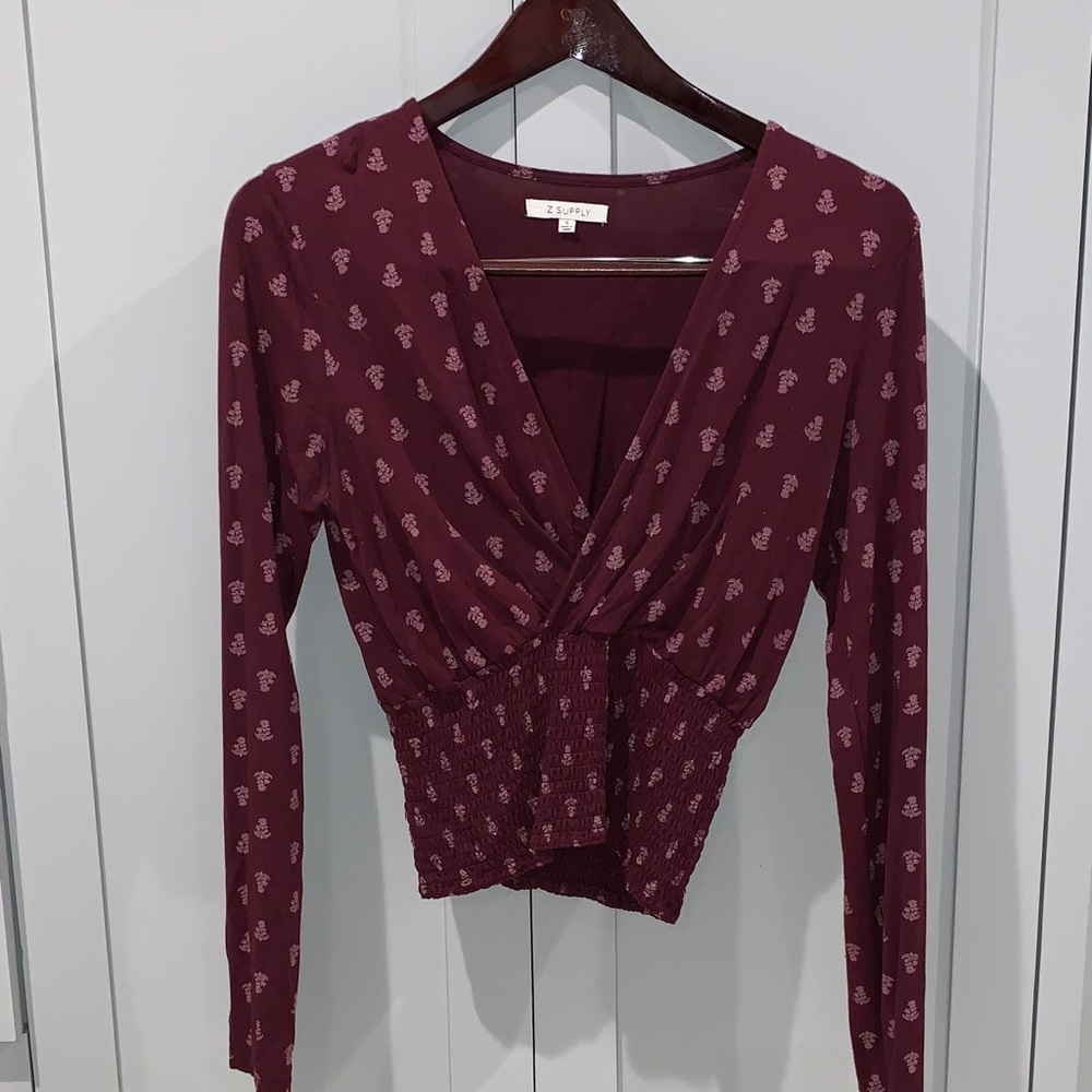 Z Supply Burgundy Long-Sleeve Smocked Wrap Top with Pink Motif